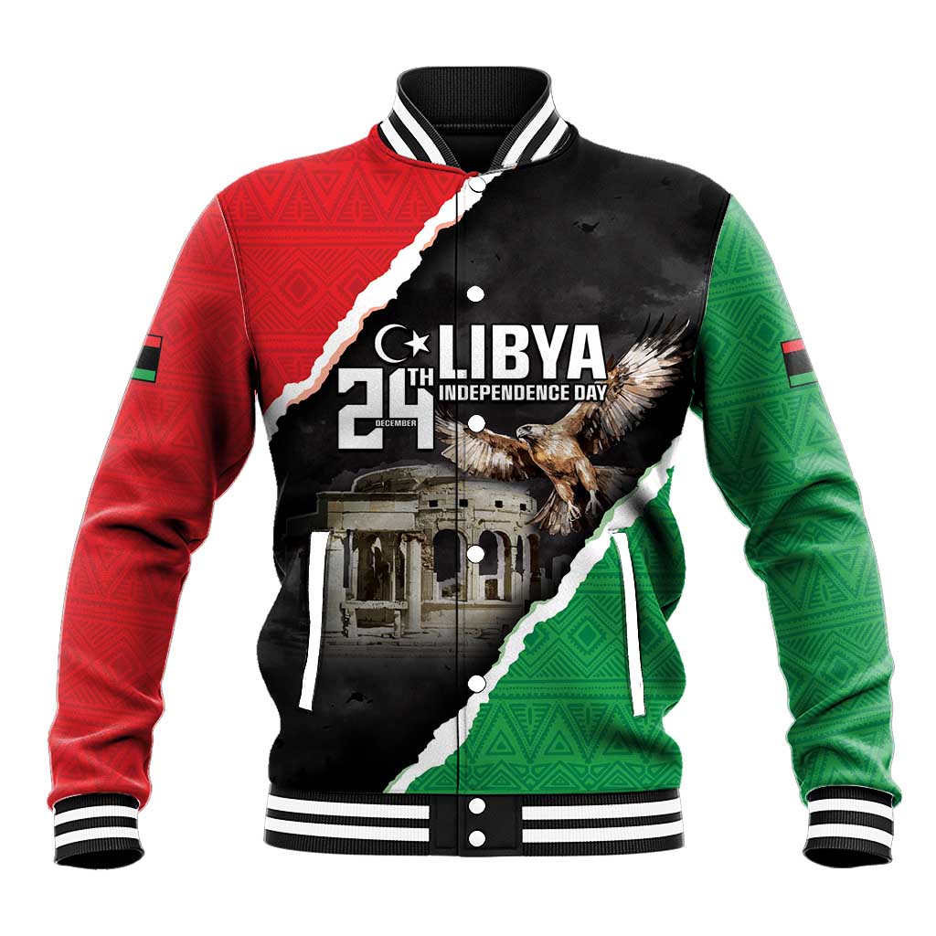 Unisex baseball jacket with black, red and green diagonal graphic