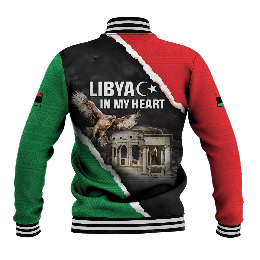 Unisex baseball jacket with black, red and green back graphic and ribbed trim
