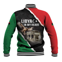 Unisex baseball jacket with black, red and green back graphic and ribbed trim