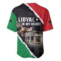 Baseball jersey back with 'LIBYA IN MY HEART' text, eagle and building graphic, tri-color