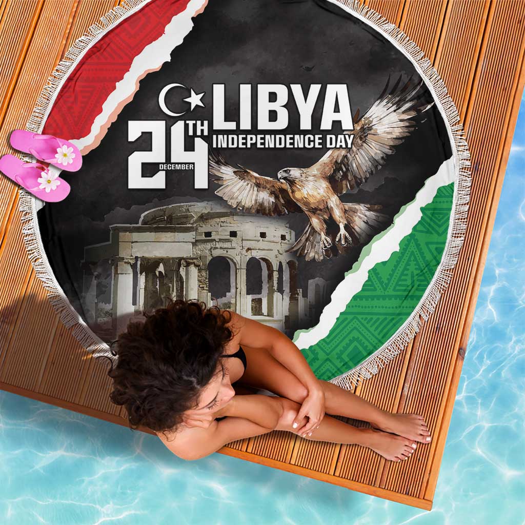 Libya Independence Day beach blanket featuring eagle over Libya map, fringed border