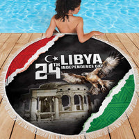 Libya Independence Day round beach blanket with eagle and Libya text, white fringe