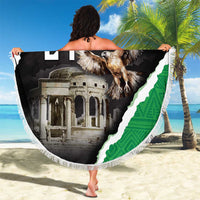 Libya Independence Day beach blanket held up in shape, eagle graphic and white fringe