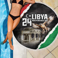Libya Independence Day beach blanket with eagle and Libya map design, fringed edge