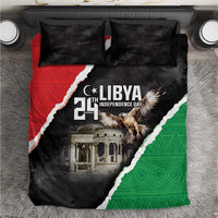 Black Libya Independence Day bedding set with diagonal red and green flag design and eagle.