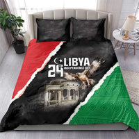 Black bedding set with Libya emblem, eagle graphic, and diagonal red-white-green flag panel.