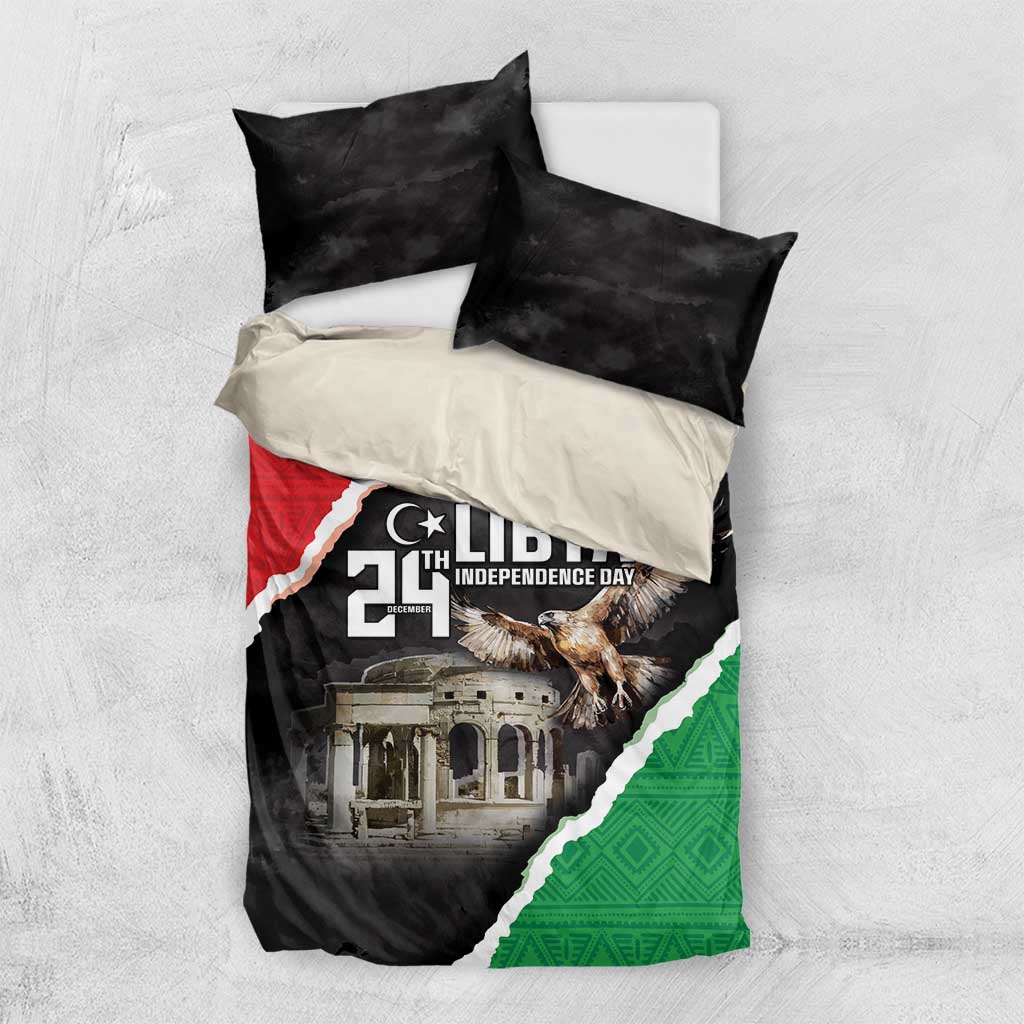 Black bedding set with Libya Independence Day design, eagle artwork, and diagonal flag panel.