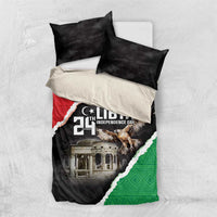 Black bedding set with Libya Independence Day design, eagle artwork, and diagonal flag panel.