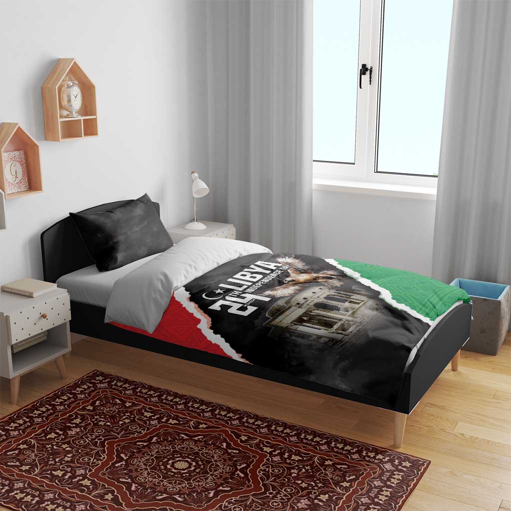 Black duvet set with Libya Independence Day graphic, eagle, and red-white-green diagonal stripe.