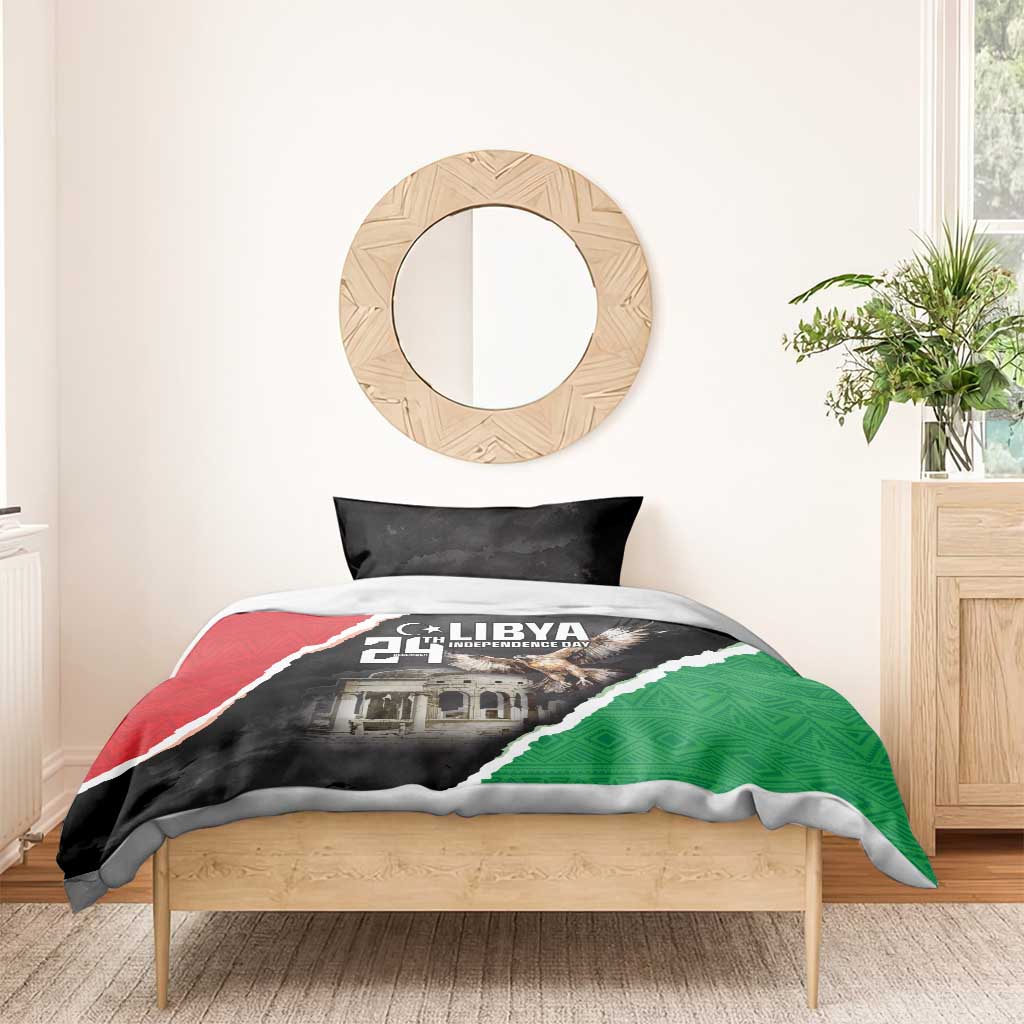 Black bedding set with Libya 21st Independence Day print, eagle image, and red-green diagonal flag.
