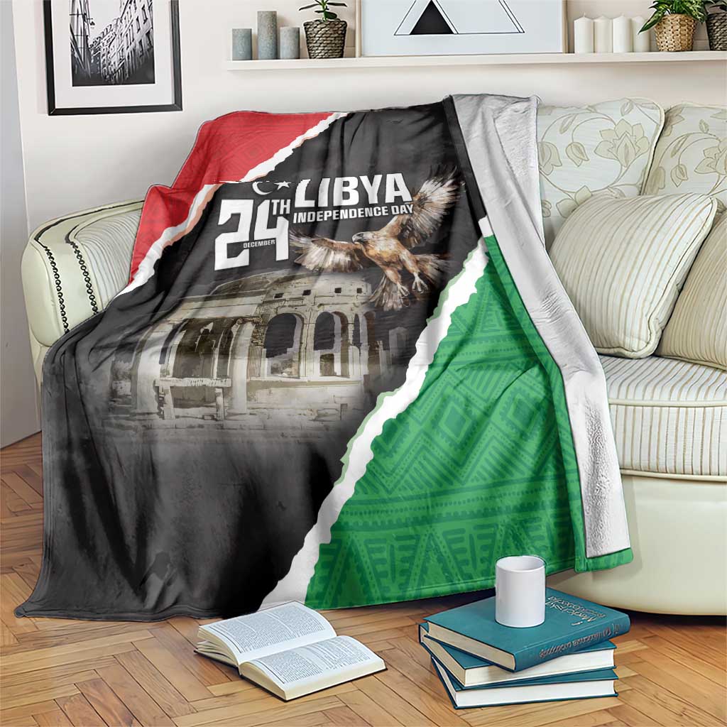Libya independence day blanket with black, red, green graphic design on a sofa