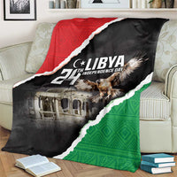 Libya independence day blanket on a couch, black red green eagle and building art