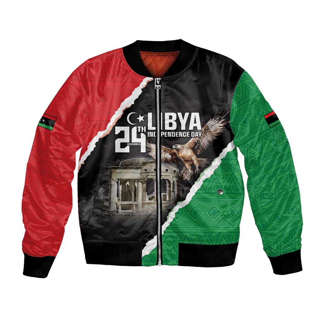 Unisex bomber jacket with Libyan flag panel print, front zipper, ribbed cuffs, eagle graphic