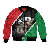Unisex bomber jacket with Libyan flag panel print, front zipper, ribbed cuffs, eagle graphic