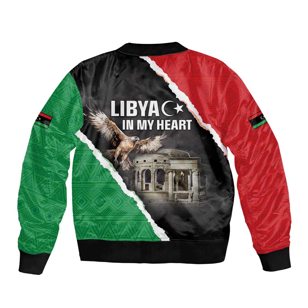 Unisex bomber jacket with Libyan diagonal flag print, ribbed hem, LIBYA IN MY HEART text