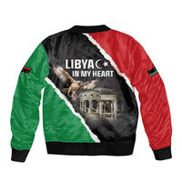 Unisex bomber jacket with Libyan diagonal flag print, ribbed hem, LIBYA IN MY HEART text