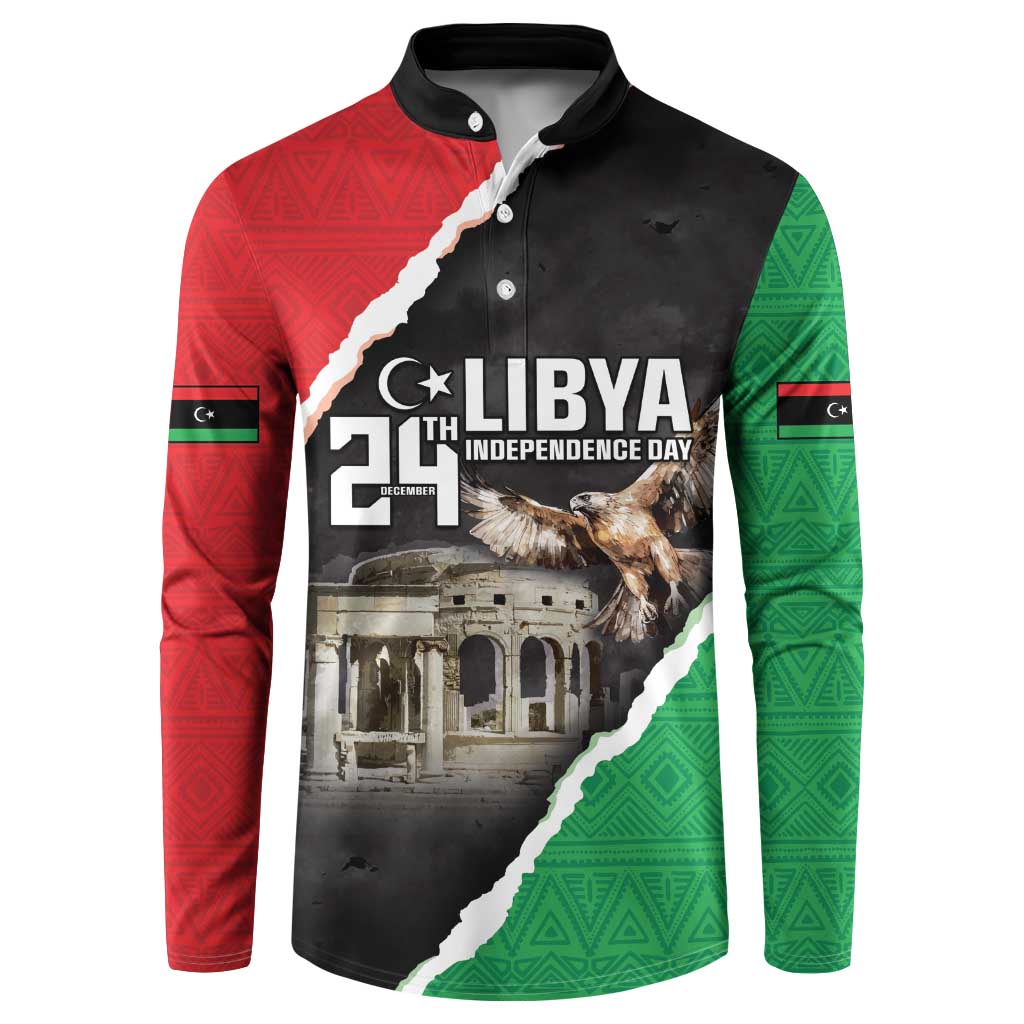 Long-sleeve button sweatshirt, Libyan flag print with LIBYA Independence Day text