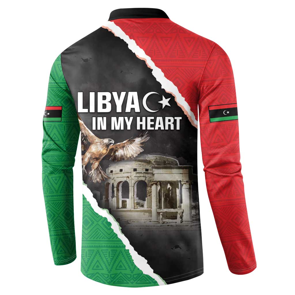 Long-sleeve button sweatshirt, back print reading LIBYA in my heart with bird over building