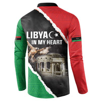 Long-sleeve button sweatshirt, back print reading LIBYA in my heart with bird over building