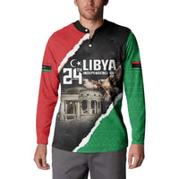 Long-sleeve button sweatshirt, black with red/green Libyan flag panels and LIBYA Independence Day