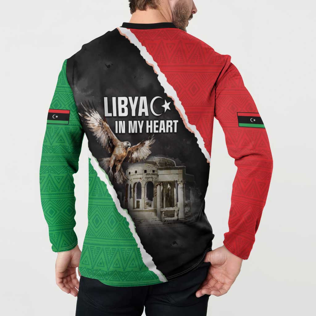 Long-sleeve button sweatshirt, back view LIBYA in my heart with bird and arch building graphic