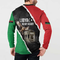 Long-sleeve button sweatshirt, back view LIBYA in my heart with bird and arch building graphic