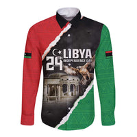 Long sleeve button shirt, black with red and green diagonal panel design and graphic print