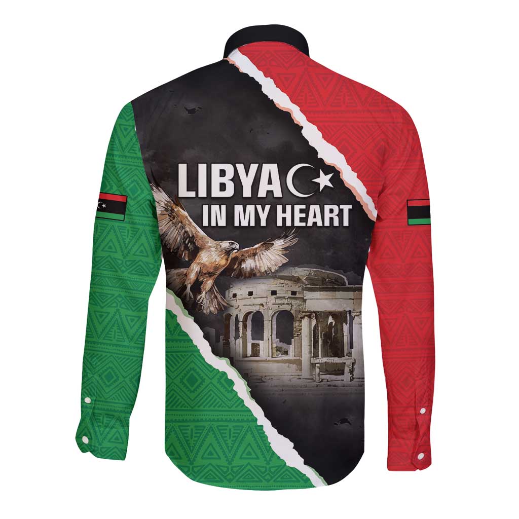 Back-view long sleeve button shirt with black base, red/green diagonal panels and Libyan eagle print