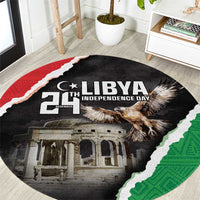Round black carpet with Libya Independence Day graphic, eagle and red-white-green border