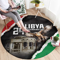 Round black carpet showing LIBYA Independence Day text with eagle and red-white-green edge