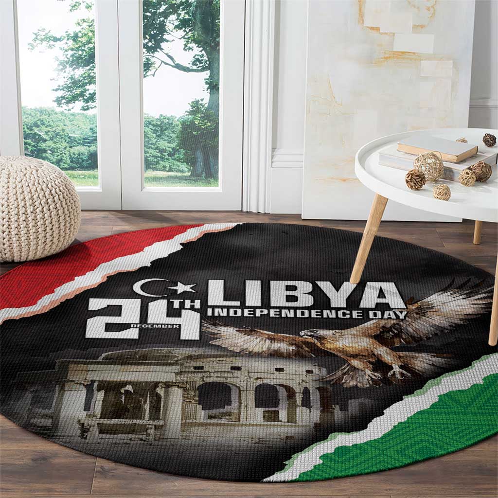 Round black carpet with LIBYA Independence Day print, eagle and red-white-green curved border