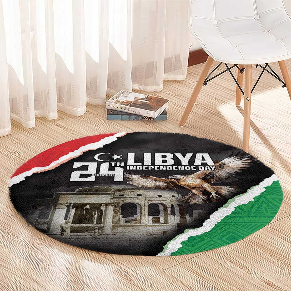 Round black carpet with LIBYA Independence Day design, eagle and red-white-green border