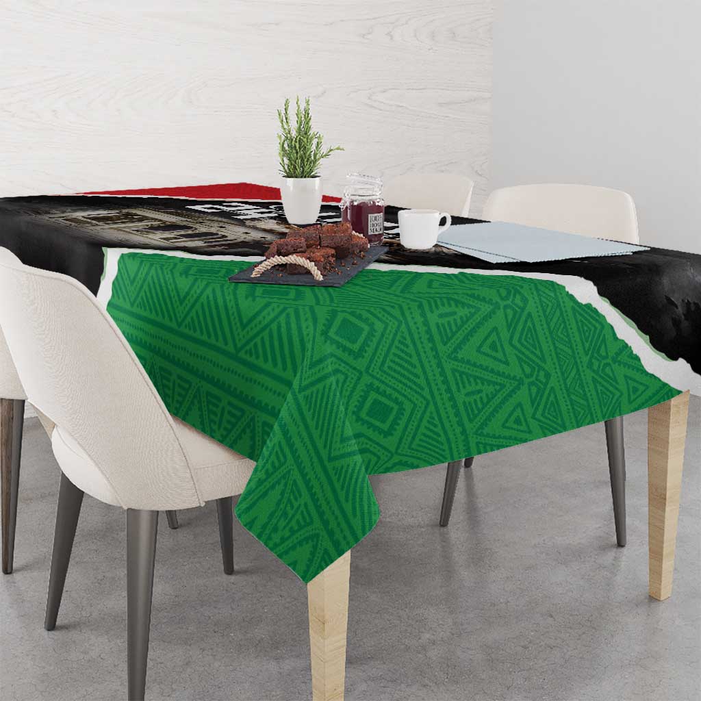 Libya independence day tablecloth on table, green geometric center with black corner