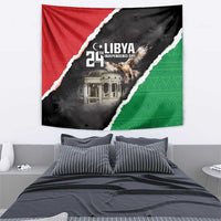 Libya Independence Day tapestry with red and green borders, black center, “LIBYA” and date “21st”