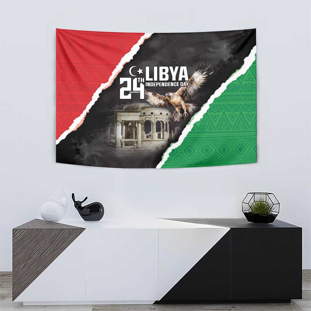 Libya Independence Day tapestry showing red/green stripes, black center, “LIBYA” and “21st”