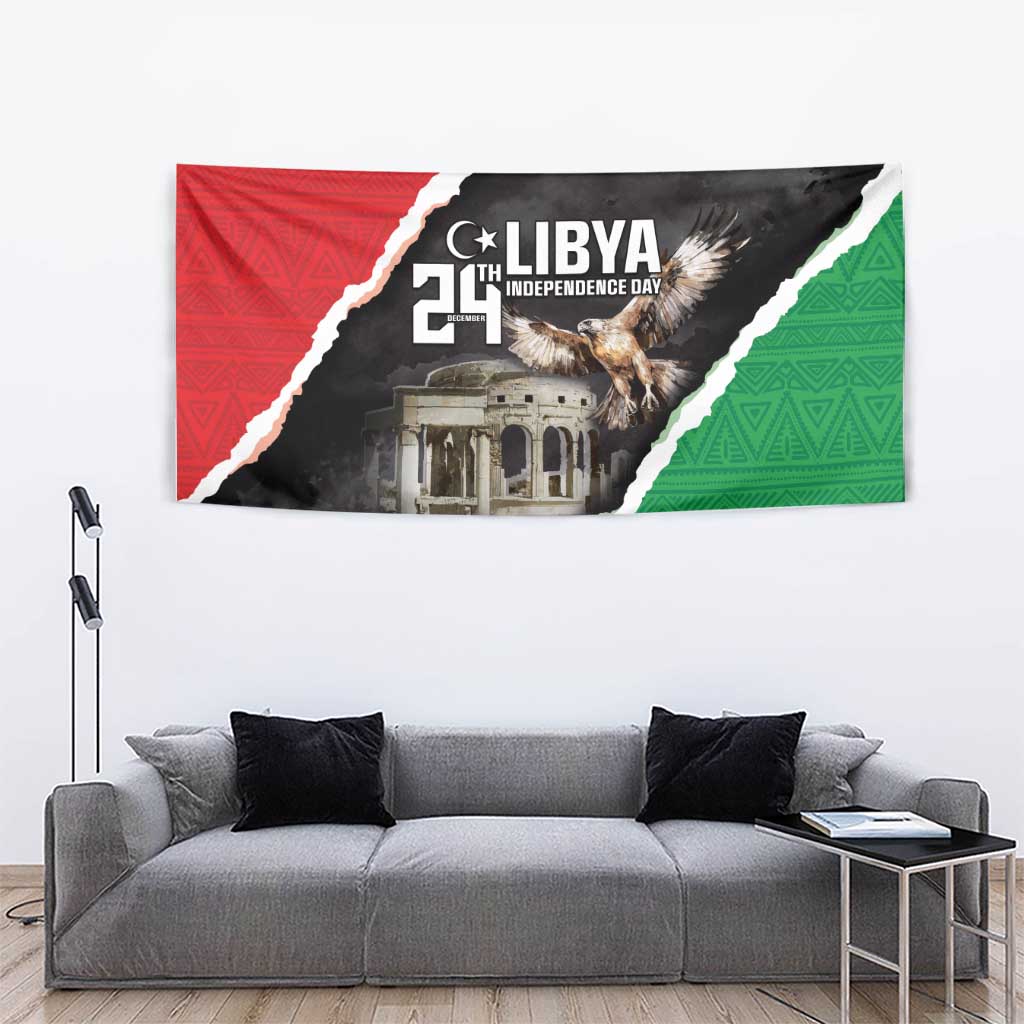 Libya Independence Day tapestry with red and green edges, black field, “LIBYA” and “21st”