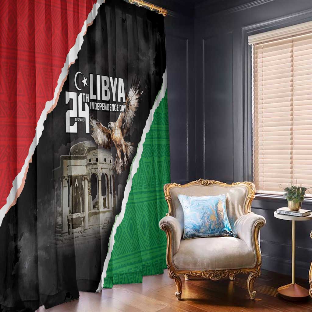 Window curtain panels with red, black, and green design plus eagle graphic and “Libya” text.