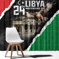 Window curtain panels in red, black, and green featuring eagle artwork and large “LIBYA” text.