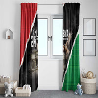 Window curtain pair with red, black, and green panels, eagle graphic, and Independence Day wording.