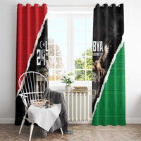 Window curtain panels with red and black sections and green side, featuring eagle and “LIBYA” text.