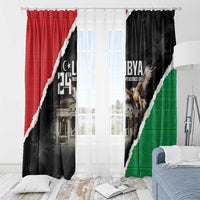 Window curtain panels in red, black, and green with eagle artwork and “LIBYA” Independence Day text.