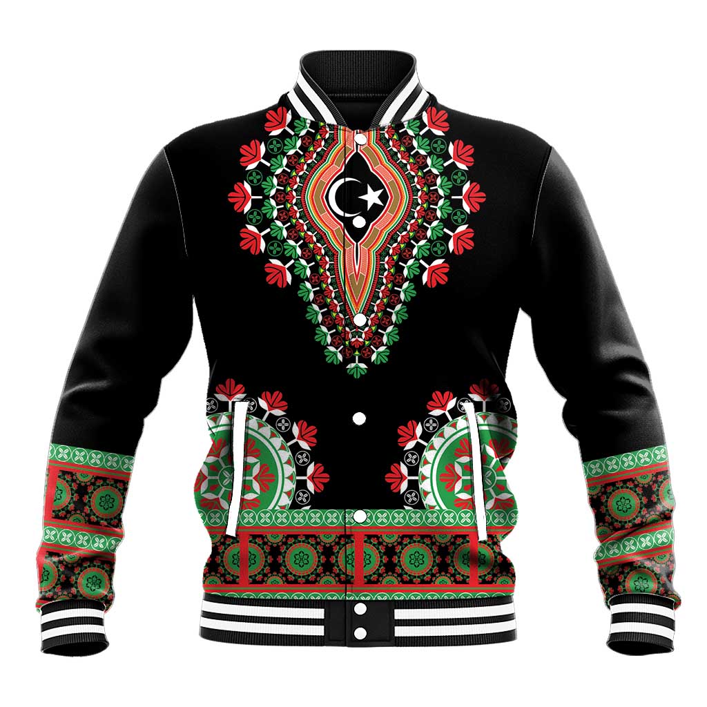 Unisex black baseball jacket with dashiki-style lion graphic, striped ribbed cuffs and hem