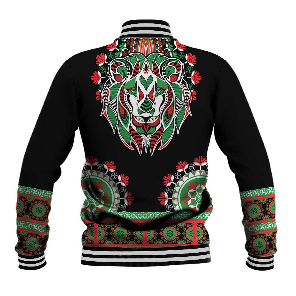Unisex black baseball jacket with dashiki-style lion graphic on back, striped ribbed cuffs