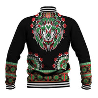 Unisex black baseball jacket with dashiki-style lion graphic on back, striped ribbed cuffs