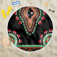 150cm round black dashiki beach blanket with fringe and bold central emblem pattern