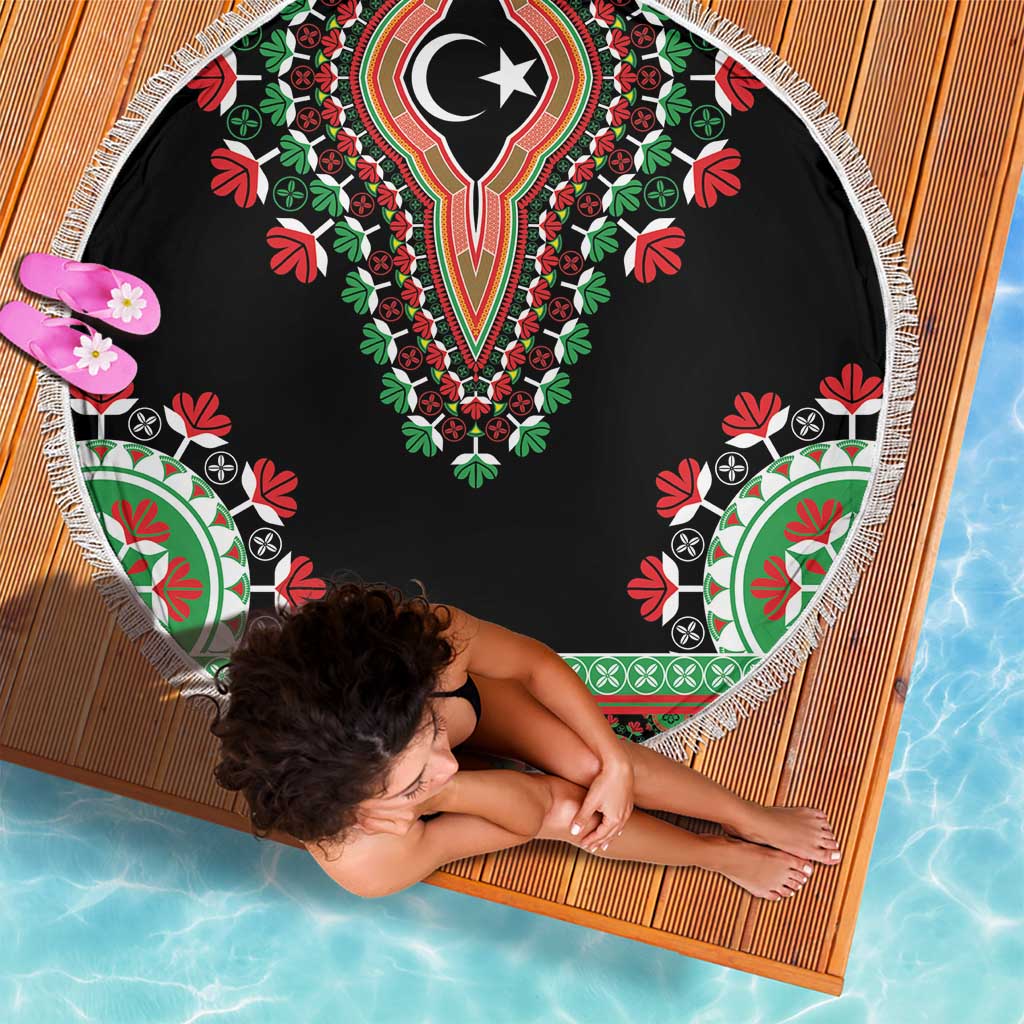 Round black dashiki beach blanket with fringe; decorative floral and geometric border