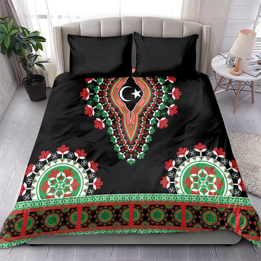 Black duvet bedding set with dashiki-style lion motif, two black pillow shams, green/red trim