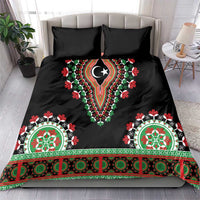 Black duvet bedding set with dashiki-style lion motif, two black pillow shams, green/red trim