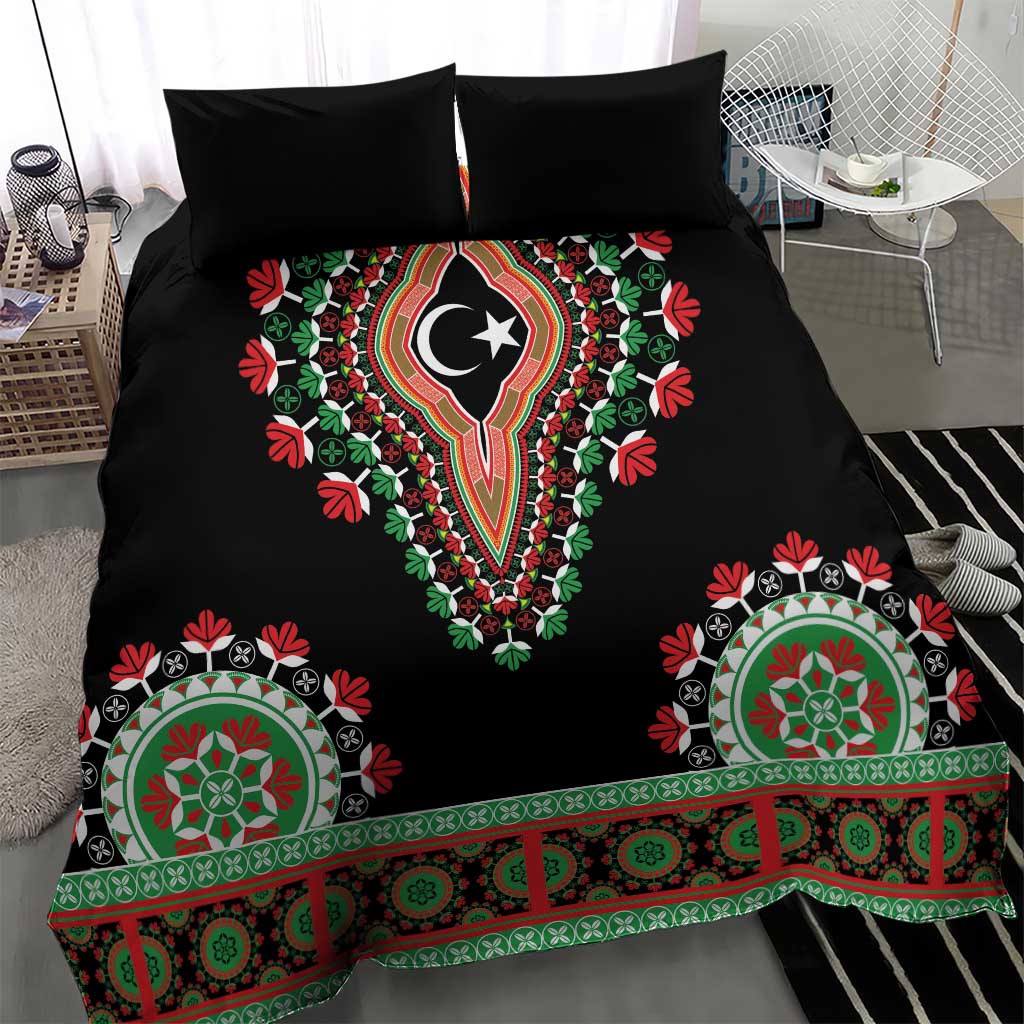 Black bedding set featuring dashiki lion center medallion and green/red ornamental stripe