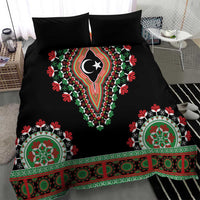 Black bedding set featuring dashiki lion center medallion and green/red ornamental stripe